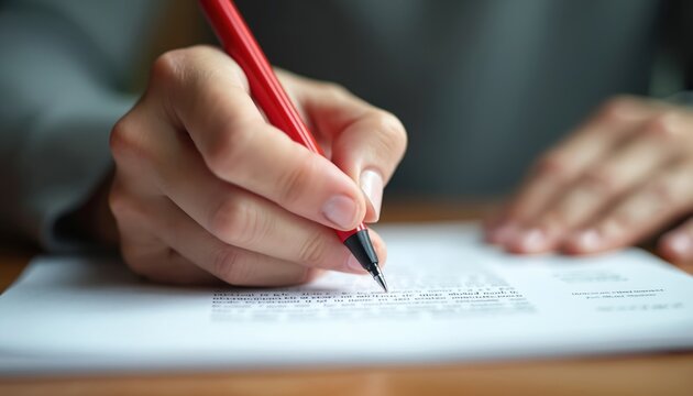 Person hand holding red pen corrects text on paper. Meticulous process edit review. Grammar punctuation, clarity, accuracy. Document final review assessment. Author reader, publishing, writing,