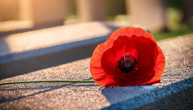 anzac day tribute red poppy resting on memorial ground