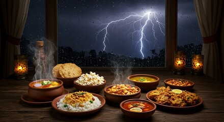 Stormy Night Dinner: Traditional Food with Dramatic Lightning Scene