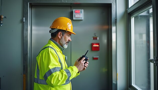 Engineer in safety uniform, helmet checks fire alarm emergency system in factory. Man uses portable radio. Factory security protection concept, workplace safety. Industrial inspection. Building fire