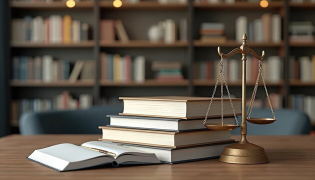 Legal books with scales displayed in modern library study area. Academic content inspires thought about justice. Stacked literature for consultation about cognition in profession. Researching
