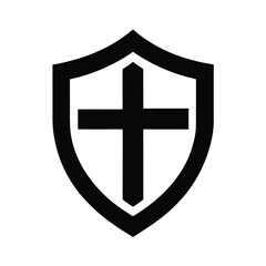 Obraz premium Black shield icon with christian cross symbol on a white background isolated design