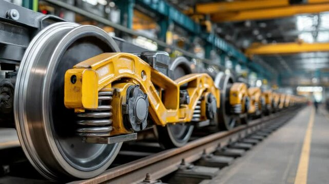 Train Wheel Assembly Line: Rows of newly assembled train wheels sit on tracks inside a modern factory, showcasing precision engineering and manufacturing prowess.