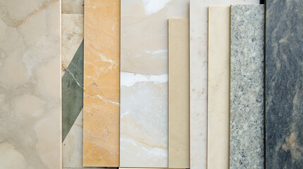 Assortment of Stone and Tile Samples: A variety of natural stone and tile samples displaying various textures and color palettes for interior design inspiration.