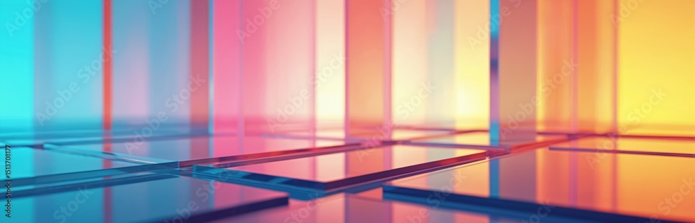 Aufkleber Abstract geometric background with multi-colored glass sheets and gradient neon. Light passes through various glass shapes. Futuristic design. Suitable for presentations and advertising tech.