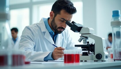 Indian male hematologist analyzes blood samples in laboratory. Doctor uses microscope. Scientist works with test tubes, examines health. Medical, diagnostic, scientific research, work in lab. Pro