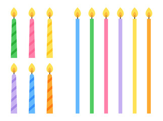 Set of birthday candles with flames in simple minimal style. Flat vector illustration