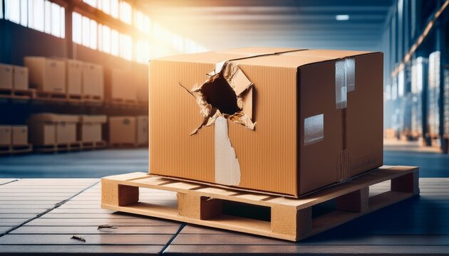 damaged cardboard box on pallet warehouse torn box with a visible hole shows product damage broken goods logistic delivery issues packaging failure insurance claim concept