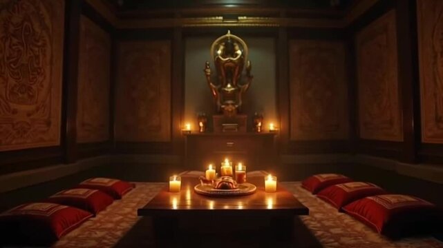 A dimly lit room features a low table with lit candles and offerings before a golden statue on an altar, surrounded by plush red pillows on a low bed or seating area within a richly decorated space.