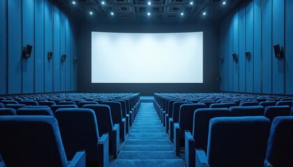 Empty cinema auditorium with white screen. Rows of blue seats, speakers, lights. Blank display screen for movie, film, event, presentation. Modern indoor theater. Cinematic experience.