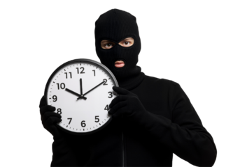 A masked man in black grips a clock, his face partially obscured, creating a mysterious atmosphere.