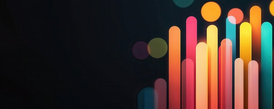 economy trade demand concept. Vibrant abstract background with colorful vertical bars and circles on a dark canvas.