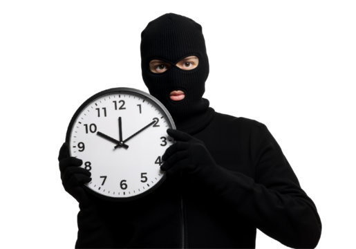 A masked man in black grips a clock, his face partially obscured, creating a mysterious atmosphere. - Powered by Adobe