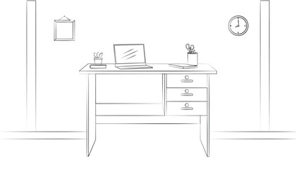 Black and white line art of a home office desk setup featuring a laptop, drawers, books, a plant, a clock, and stationery, workspace illustrations.
