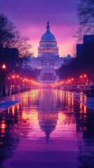 Fototapeta premium A vibrant reflection of a capitol building at dawn.