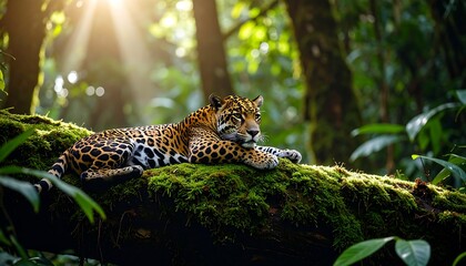 Jaguar Resting On A Mossy Log In A Lush Rainforest With Sunlight