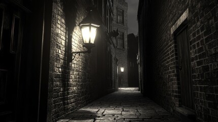 Fototapeta premium Dark Alleyway Cobblestone Path, Gas Lamp, Night Scene, Brick Walls, Alley, Night