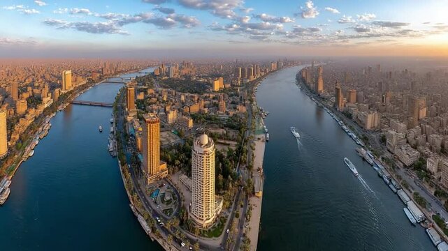 Cairo Skyline at Sunset: Breathtaking aerial view of Zamalek Island in Cairo, Egypt, showcasing the iconic skyline at sunset, with the Nile River gracefully curving around the island. 
