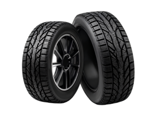 Two Snow Tires Leaning Crosswise with Visible Tread, Isolated on White Background PNG