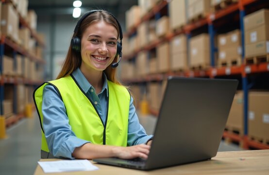 Smiling warehouse staff wearing headset works on laptop in distribution center. Female call center support operator. Smiling woman employee working in logistics. Online store worker helps customer,