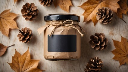 Autumnal jar of preserves with black label surrounded by fall leaves and pine cones