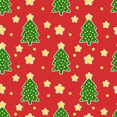Festive seamless pattern with green Christmas trees adorned with colorful baubles and yellow stars on a vibrant red background, ideal for holiday designs.