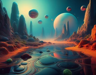 alien landscape with floating spheres