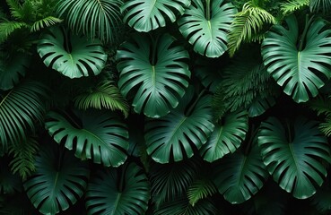 Dark green tropical leaves background. Monstera palm coconut leaf fern palm leaf bananaleaf foliage. Fresh nature eco concept for design. Dense arrangement of leaves creates refreshing atmosphere.