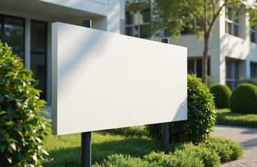 White blank company sign mockup in sunny garden park. Empty billboard for advertising. Display board stands among green grass and bushes near modern building. Commercial outdoor announcement.