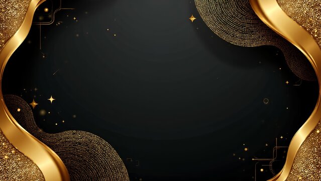 Elegant black background with flowing gold curves, sparkling glitter, and star accents, perfect for luxury or festive designs.