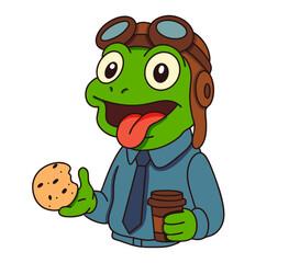 Cartoon Frog Pilot with Cookie and Coffee