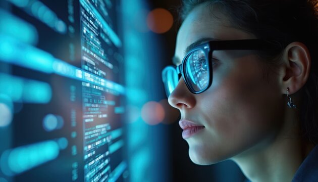 Data analyst observes illuminated data on digital display. Woman wears glasses, concentrates on info. High-tech setting shows analysis, tech, critical thinking, innovation, corporate strategy.