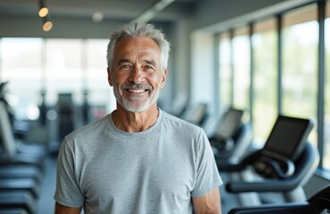 Smiling senior man in gym, cardio workout. Happy elderly person with grey hair in good shape. Mature male smiles, healthy lifestyle. Fitness, wellness. Active retired people, sport. Healthy aging