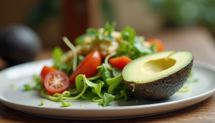 Avocado half on plate with healthy salad