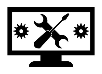 Logotipo con el concepto de mejora del rendimiento de la computadora, o icono de servicio de reparaci&oacute;n de televisores.