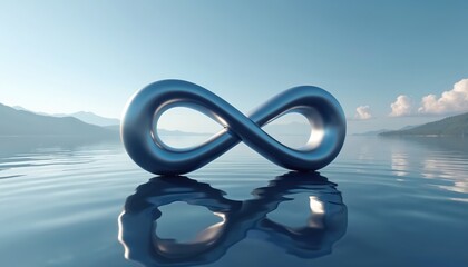 Infinite symbol reflected tranquil water, representing eternal possibilities. Abstract concept eternity, freedom, continuity, endless flow. Harmony of nature, spiritual concept. Zen, peace,
