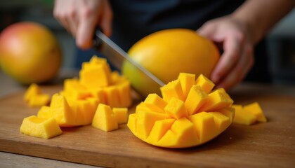 Mango slicing into pieces on wooden table