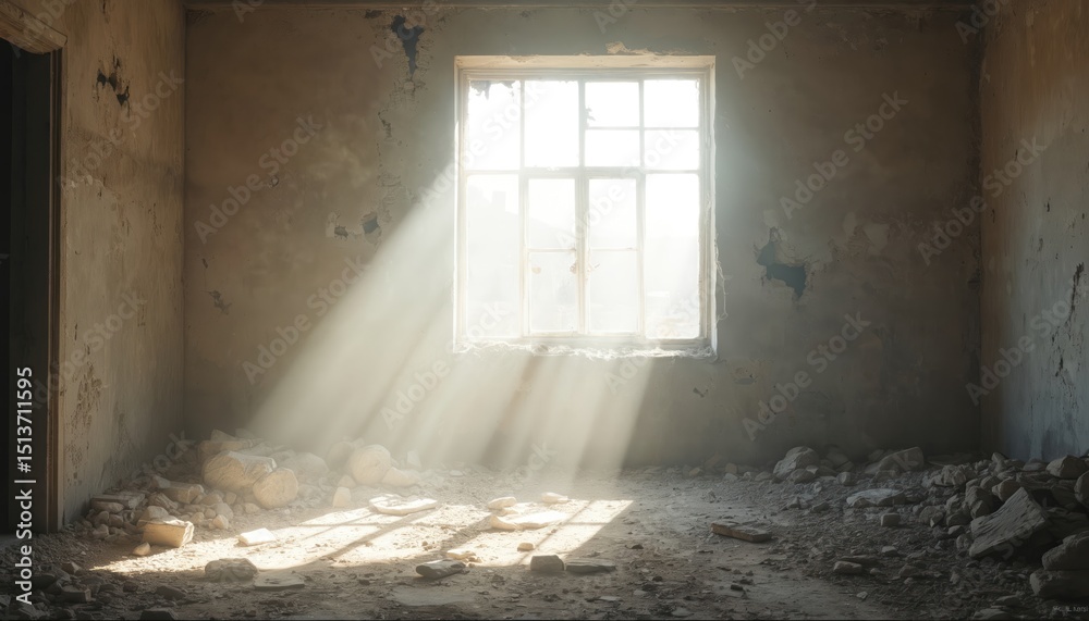 Poster sunlight streams through window in ruined building, creating dramatic lighting. rays of light penetr