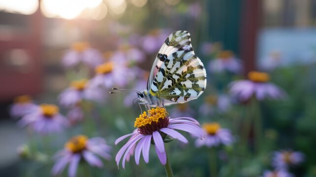Close-up of butterfly on purple flower in sunlit garden