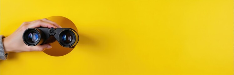 Female hand holds black binoculars. Yellow background search concept. Banner design. Observation device. Journey find search strategy concept. Travel, tourism, business opportunities. Success vision.
