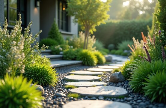 Backyard garden with stone path, green grass, trees. Beautiful landscape design features blooming flowers, sunlight. Modern eco home with a nice residence and garden. Morning view.