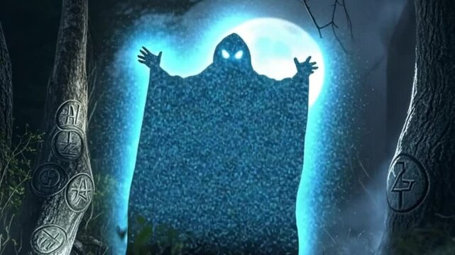 Shadowy cloaked phantom with flickering blue flame eyes stands beneath twisted trees, glowing ancient runes, swirling ghostly particles, and misty moonlit forest in dark cinematic horror