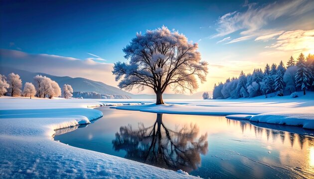 Solitary Tree Reflecting in Icy Winter River