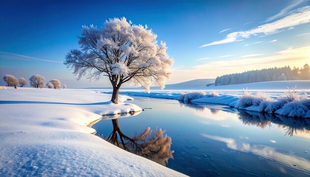 Solitary Tree Reflecting in Icy Winter River