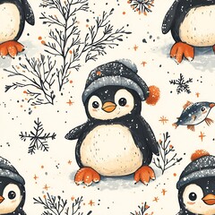 Seamless pattern of cute penguin cartoon on snow and grass background in winter. Christmas theme. Generative AI
