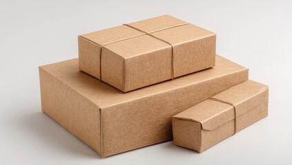 Three kraft cardboard boxes, varying sizes, neatly stacked, secured with twine