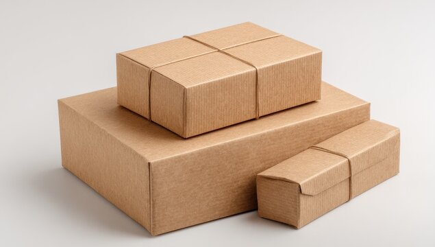 Three kraft cardboard boxes, varying sizes, neatly stacked, secured with twine