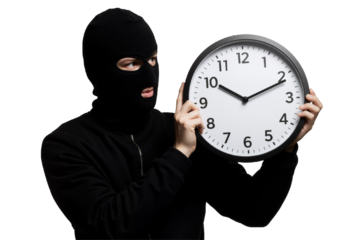 A masked man in black grips a clock, his face partially obscured, creating a mysterious atmosphere.