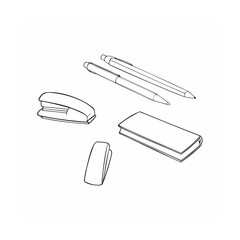Line art illustration of office stationary including pens stapler and notepad elements