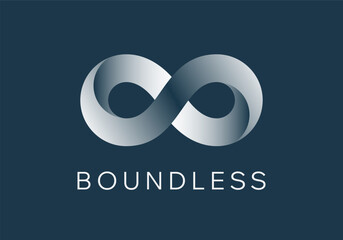 Abstract Vector Limitless Infinite Symbol Logo Template. Infinity Loop Minimalist Sign on a Dark Background. Endless Eight Shape Mobius Ribbon Emblem Concept Negative Space Illustration. Isolated